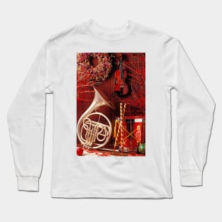 French horn Christmas still life Long Sleeve T-Shirt